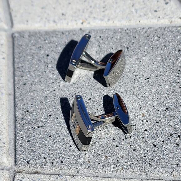 Vintage Rectangle Diamond Polished Stainless Steel Titanium 18k Gold Cufflinks - Picture 4 of 12